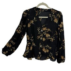 Reserved V neck Button up Top Wom size US Medium EU 38 Black Floral Long Sleeves